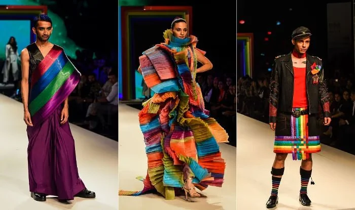 Three colorful runway looks featuring fluid draping and bright textiles