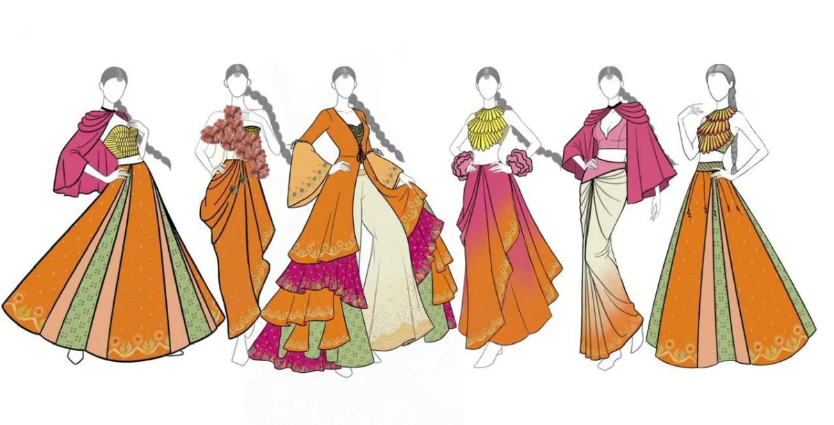 Illustrated lineup of colorful, sari-inspired fashion concepts
