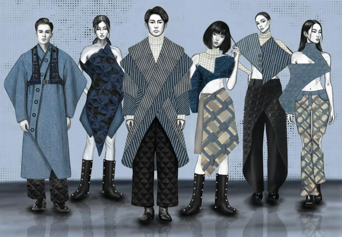 A fashion concept lineup with five models in layered blue and gray looks