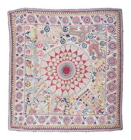 Kantha embroidered textile with circular red and blue motifs laid flat