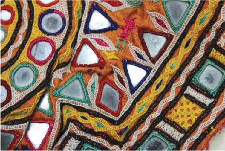 Close-up of colorful mirror-work embroidery on a textile