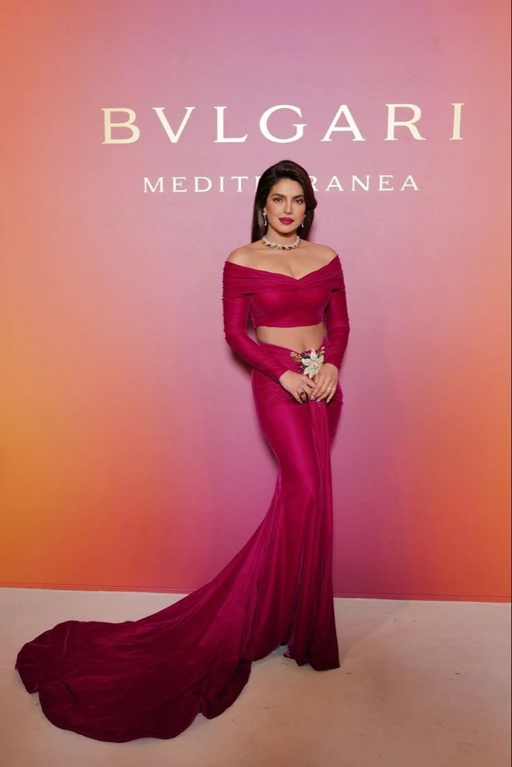 Priyanka Chopra Jonas in a red gown at a Bulgari event