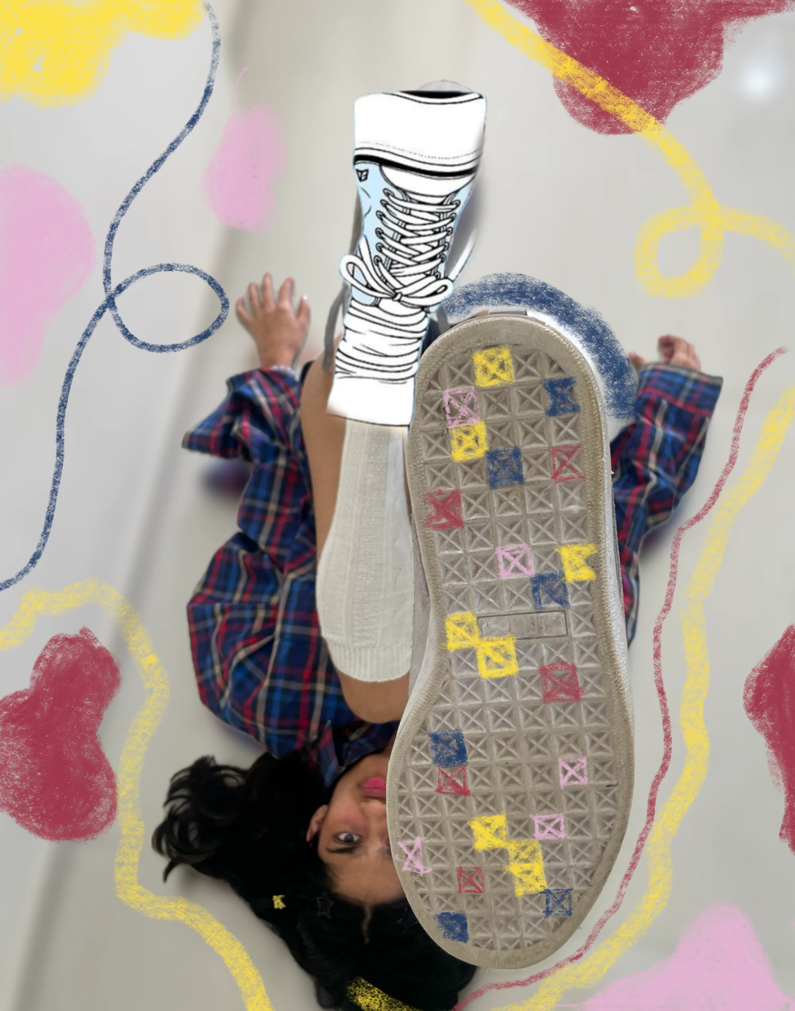Memories portrait looking past a sneaker sole decorated with colourful chalk stitches