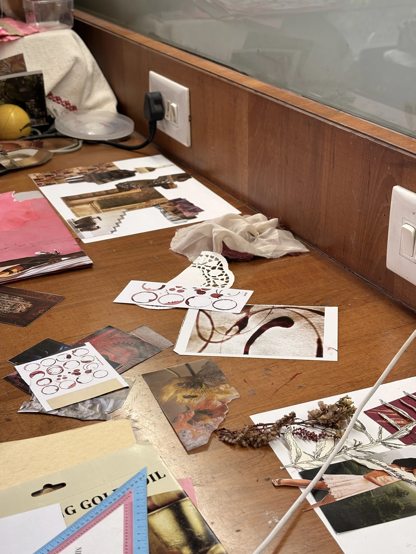 Parrie’s working desk with fabric samples, references and sketches